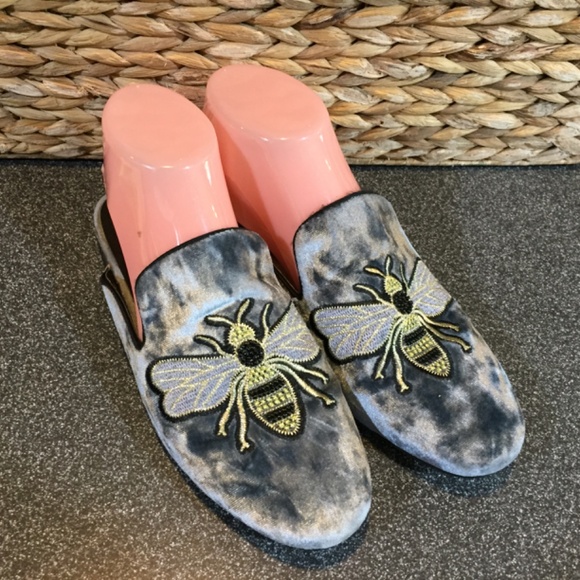 Steve Madden Blue-Gray and Gold Bee Embroidered Loafers - Picture 2 of 15